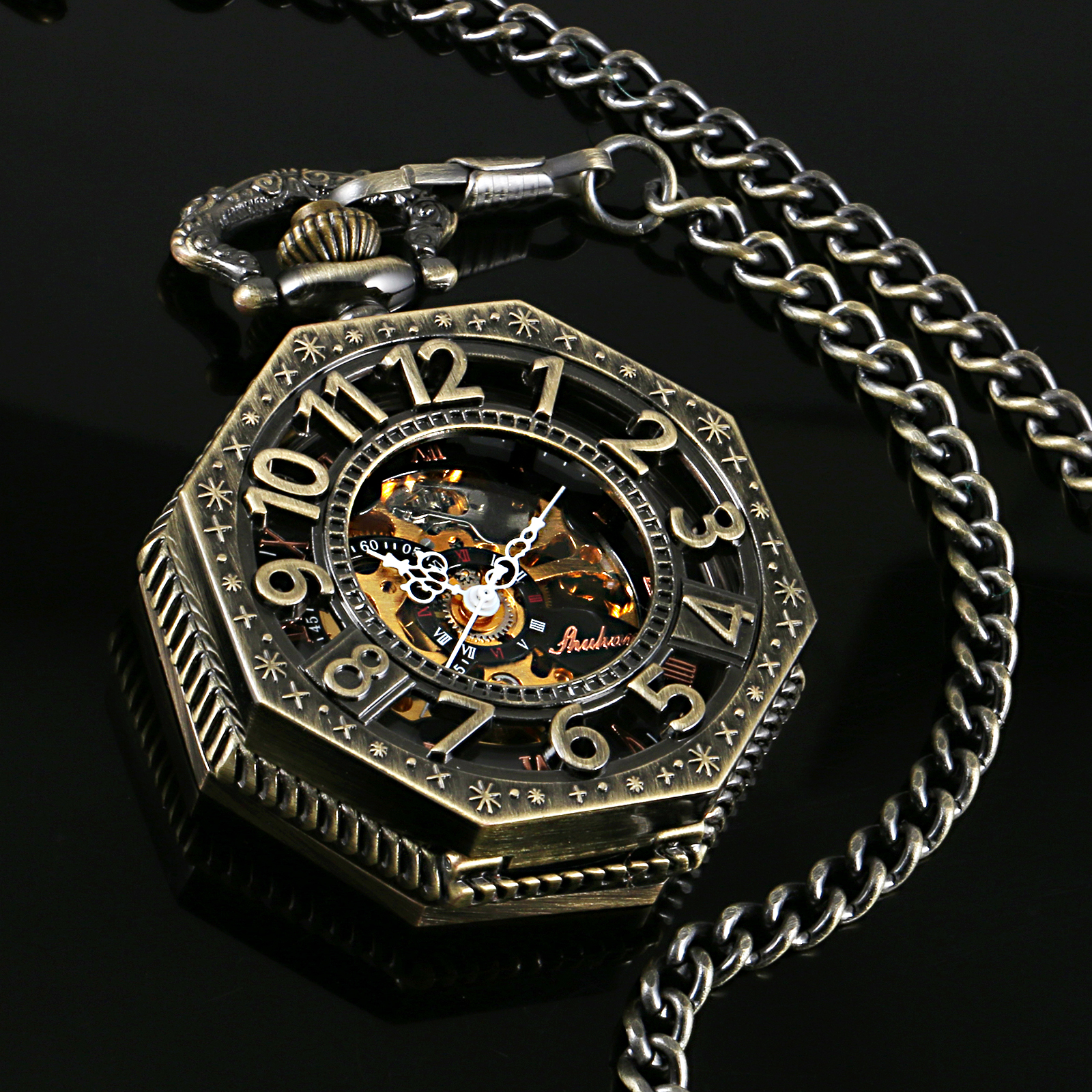 Mens Pocket Watch Mechanical Black Dial Handwinding Octagon Retro Gift Luxury eBay